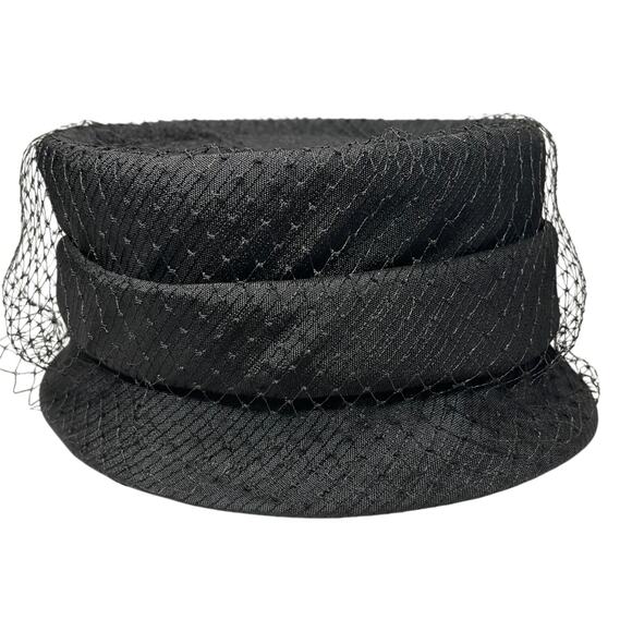 Vintage 1950s Black Pillbox Hat w Original Striped Hat Box Union Made 22” main image 10